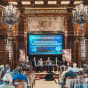 Podium in einem großen Saal mit einer Präsentation auf einem Schirm