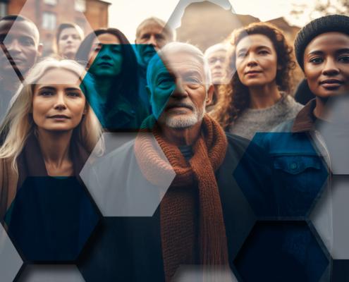 Eine Gruppe von Menschen schaut den Betrachter an. Als Filter darübergelegt sind transparente Sechsecke, damit soll Künstliche Intelligenz dargestellt werden.