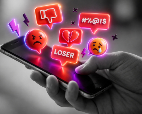 Eine Hand hält ein Handy, über dessen Oberfläche Icons schweben, die digitale Gewalt darstelllen