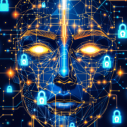 Ein die KI verdeutlichendes Gesicht aus Linien schaut den Betrachter direkt an. Rundherum sind Schlösser, die Cybersecurity verdeutlichen