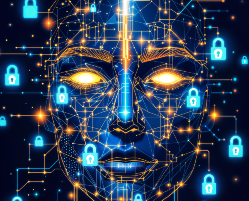 Ein die KI verdeutlichendes Gesicht aus Linien schaut den Betrachter direkt an. Rundherum sind Schlösser, die Cybersecurity verdeutlichen